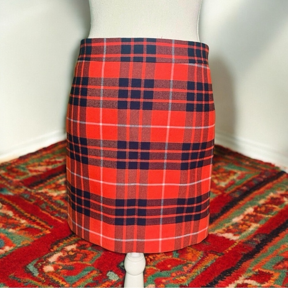 NWOT J. Crew Factory Red, Navy Blue & White Plaid Wool Blend Mini Skirt Size 00